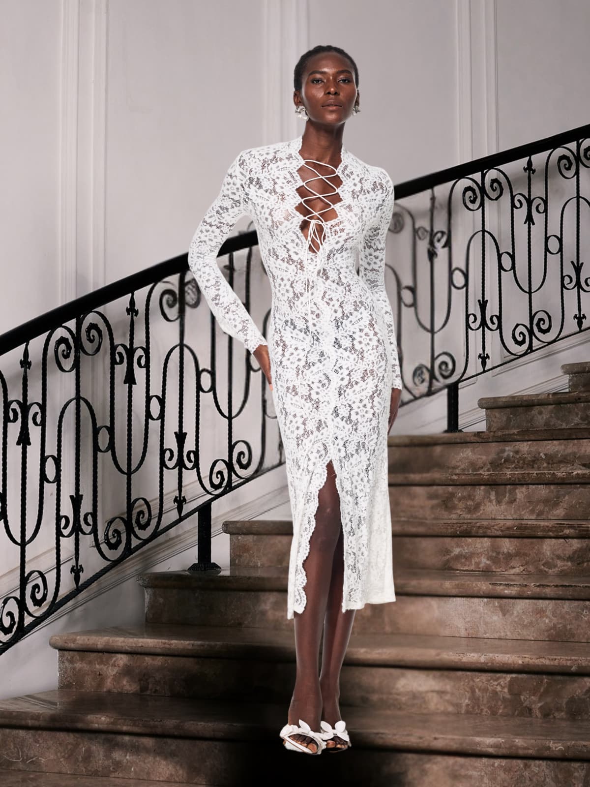 Lace Up Split Lace Midi Dress - View 2