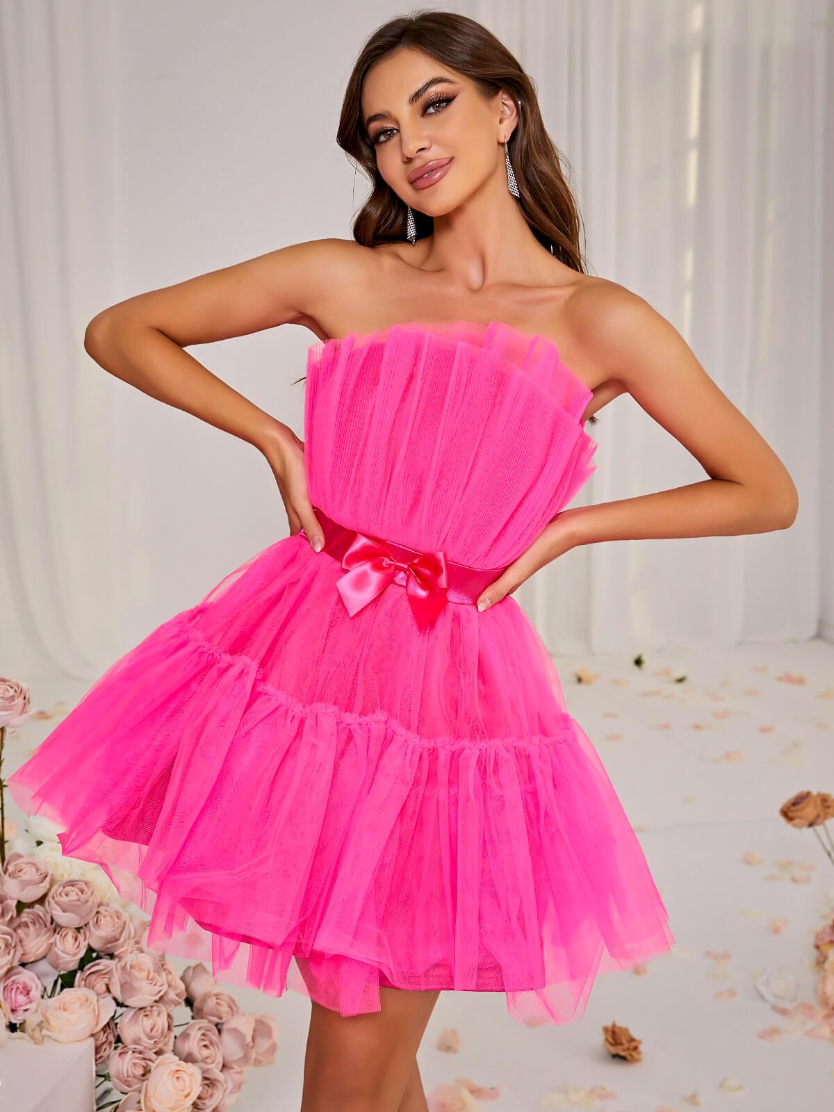 Tulle Strapless Pleated Bodice Bow Waist Tiered Mini Party Dress