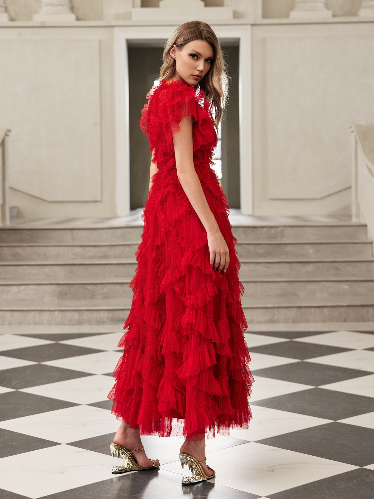 Tulle Tiered Mesh Midi Dress - View 6