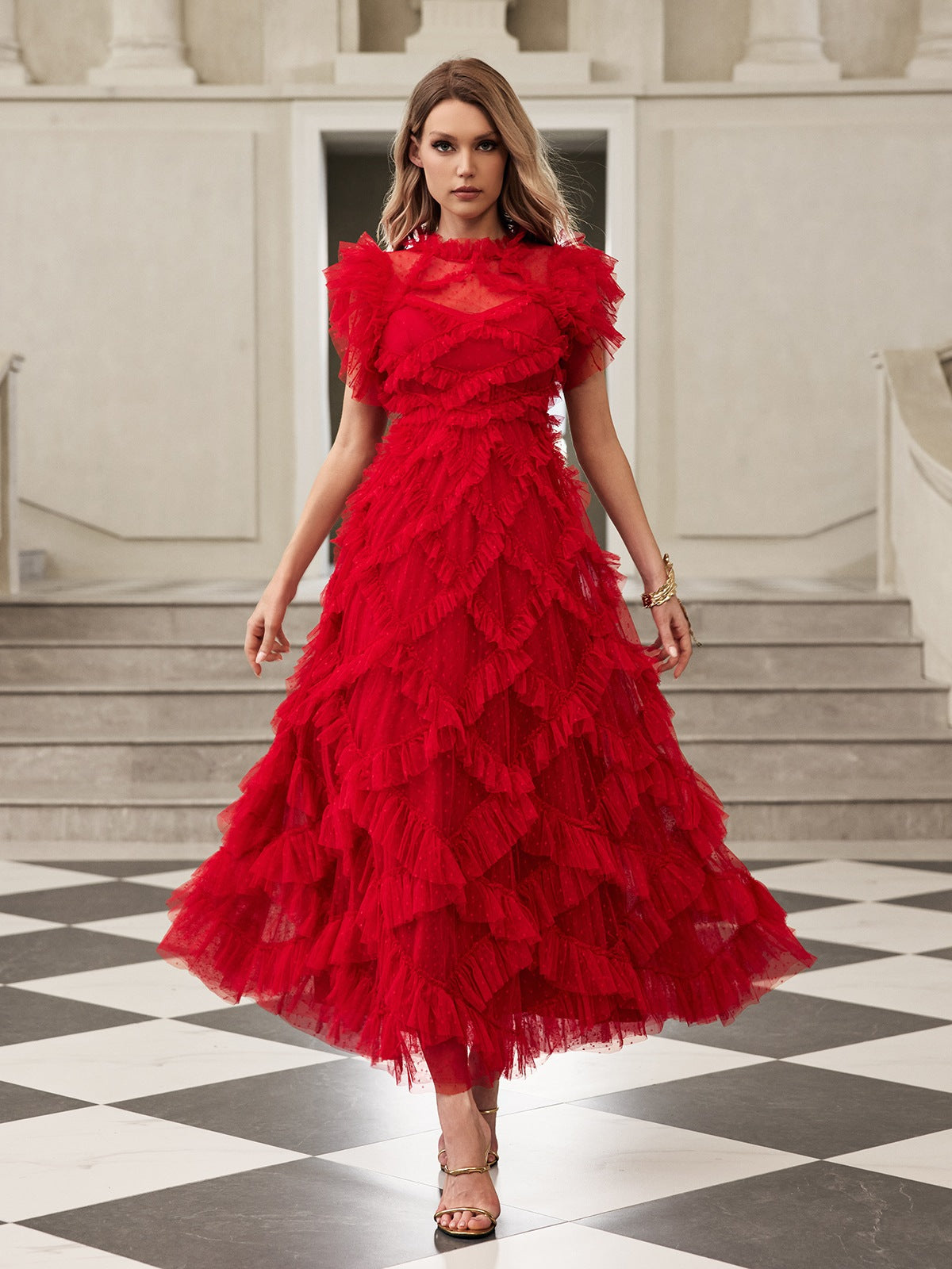 Tulle Ruffle Tiered Mock Neck Flutter Sleeve Midi Dress 4