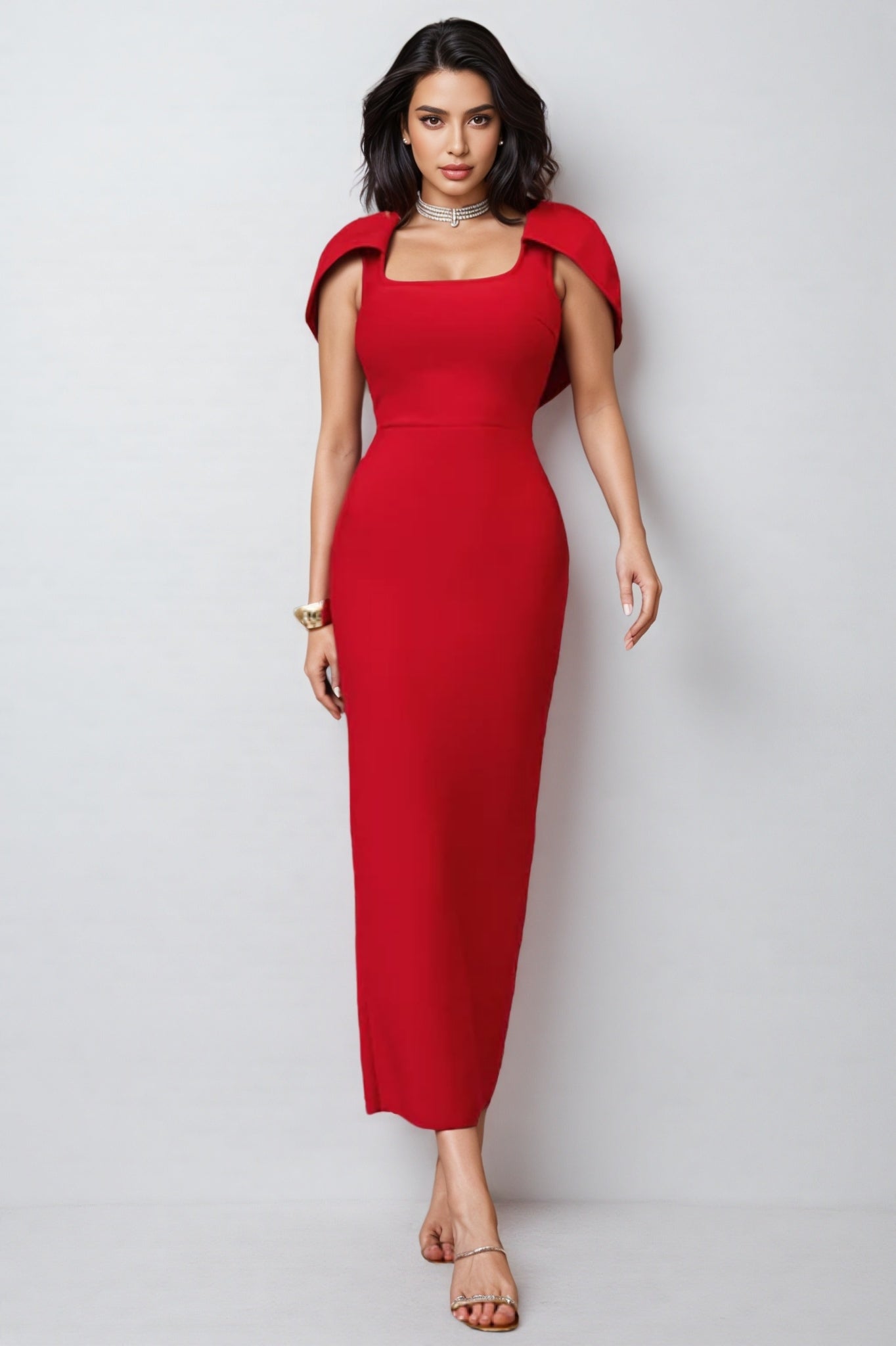 Square Neck Cape Sleeve Bodycon Ankle Length Maxi Dress