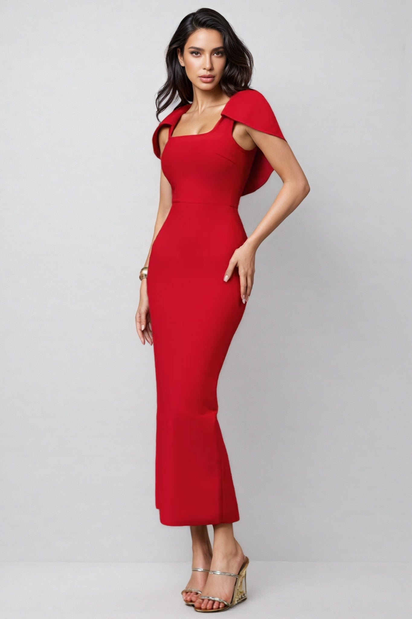 Square Neck Cape Sleeve Bodycon Ankle Length Maxi Dress