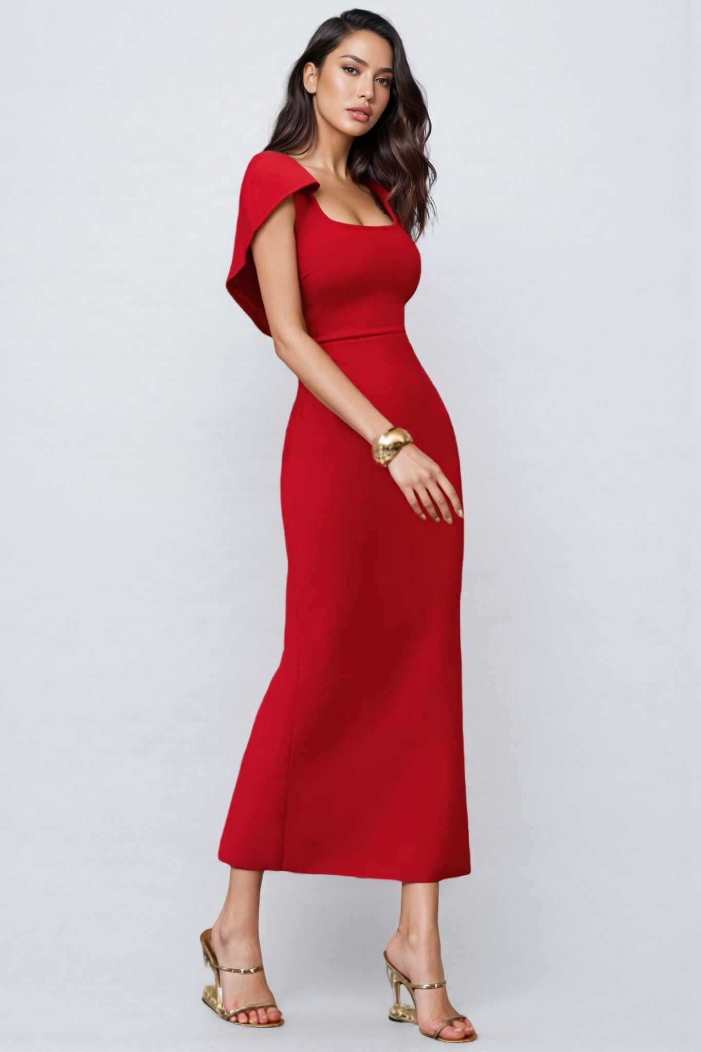 Square Neck Cape Sleeve Bodycon Ankle Length Maxi Dress