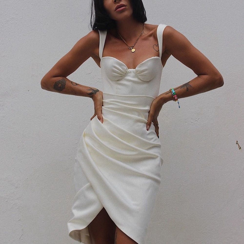 Mia Ruched Slit Thick Strap Satin Dress - View 5