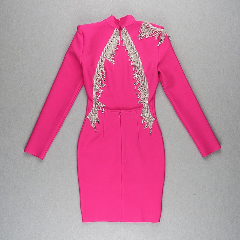 Mock Neck Long Sleeve Backless Rhinestone Fringe Bandage Mini Dress