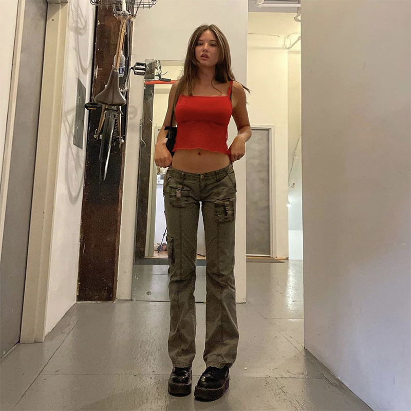 Mojoyce Retro Grunge Cargo Denim Jeans Streetwear Korean Vintage 90s Low Waist Trousers Aesthetic 90s Straight Pants Cuteandpsycho