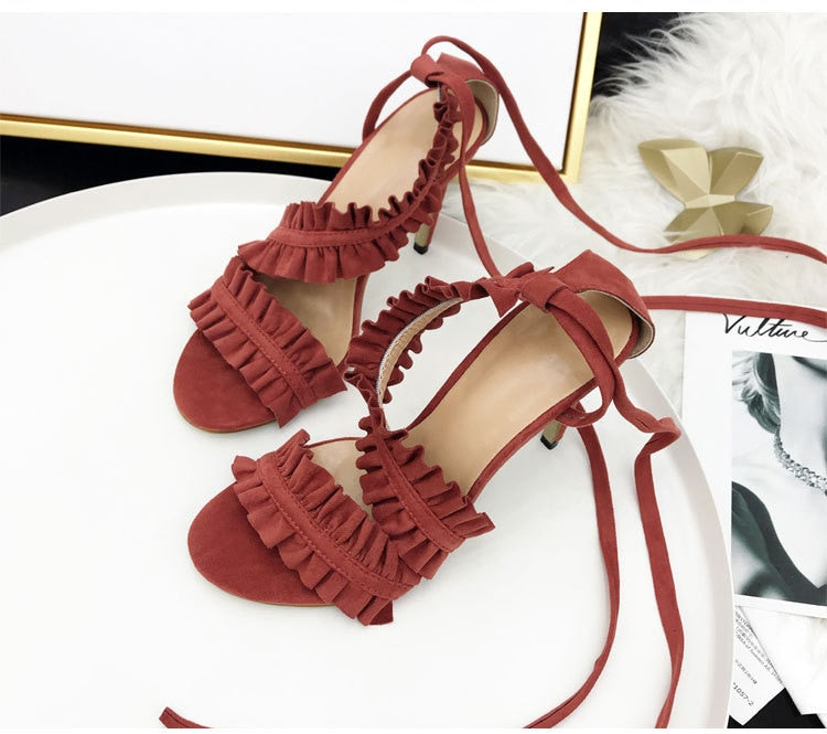 Cross Bandage Thin Heel Ruffle Sandals