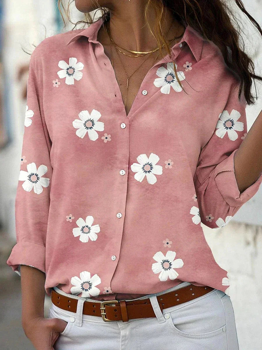 Daisy Floral Print Collared Long Sleeve Button Up Shirt