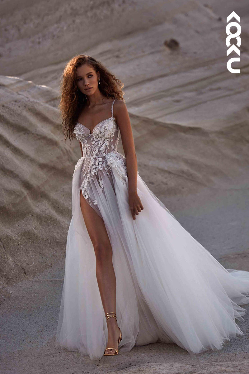 K1888 - Couture & Ornate Spaghetti Straps A-line Side Slit Wedding Dresses With Applique