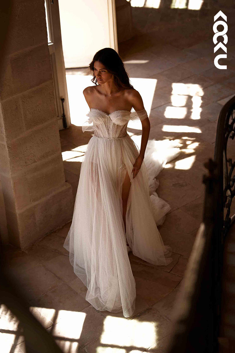 K1890 - Classic & Timeless Tulle A-line Cap Sleeves Side Slit Wedding Dress