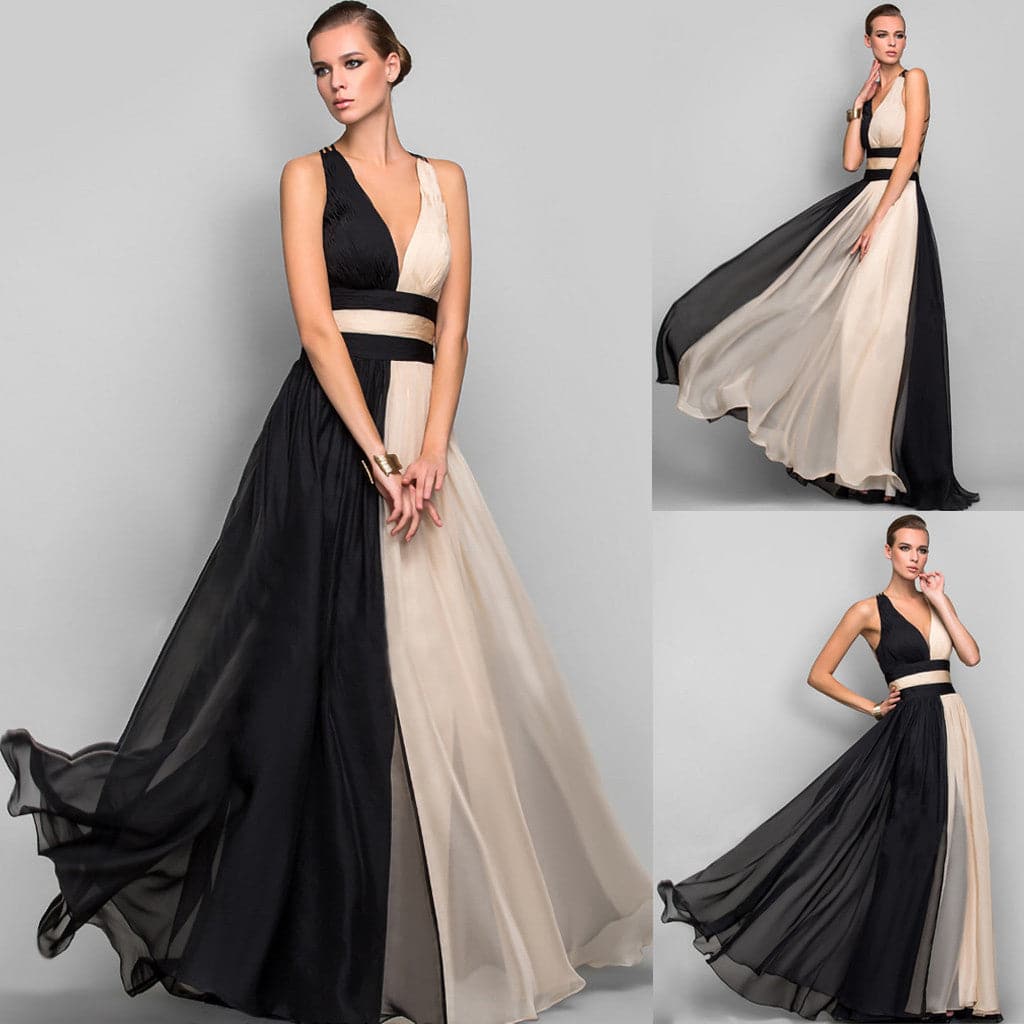 Colorblock Chiffon V-Neck Pleated A-Line Maxi Gown
