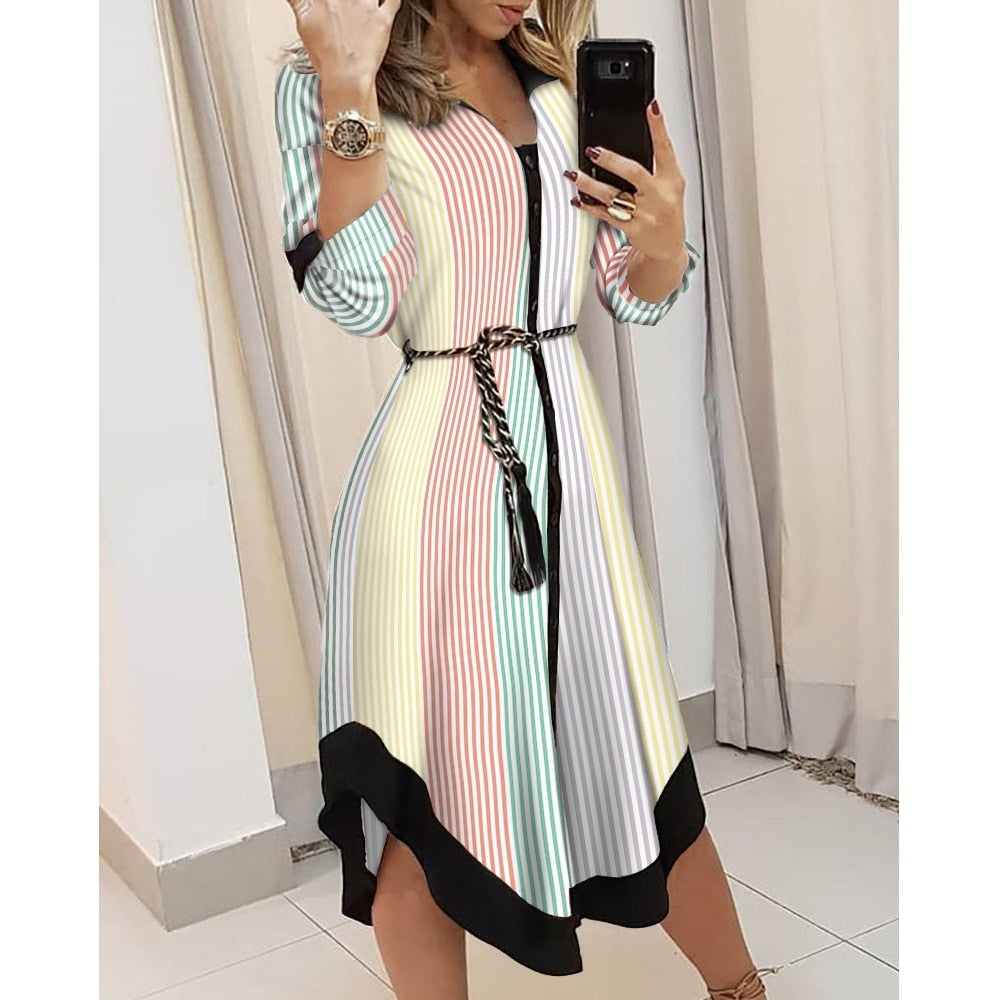 Geometric Print Collared Button Down Long Sleeve Belted High Low Hem Shirt Dress