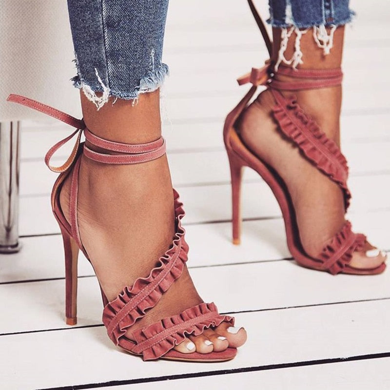 Cross Bandage Thin Heel Ruffle Sandals