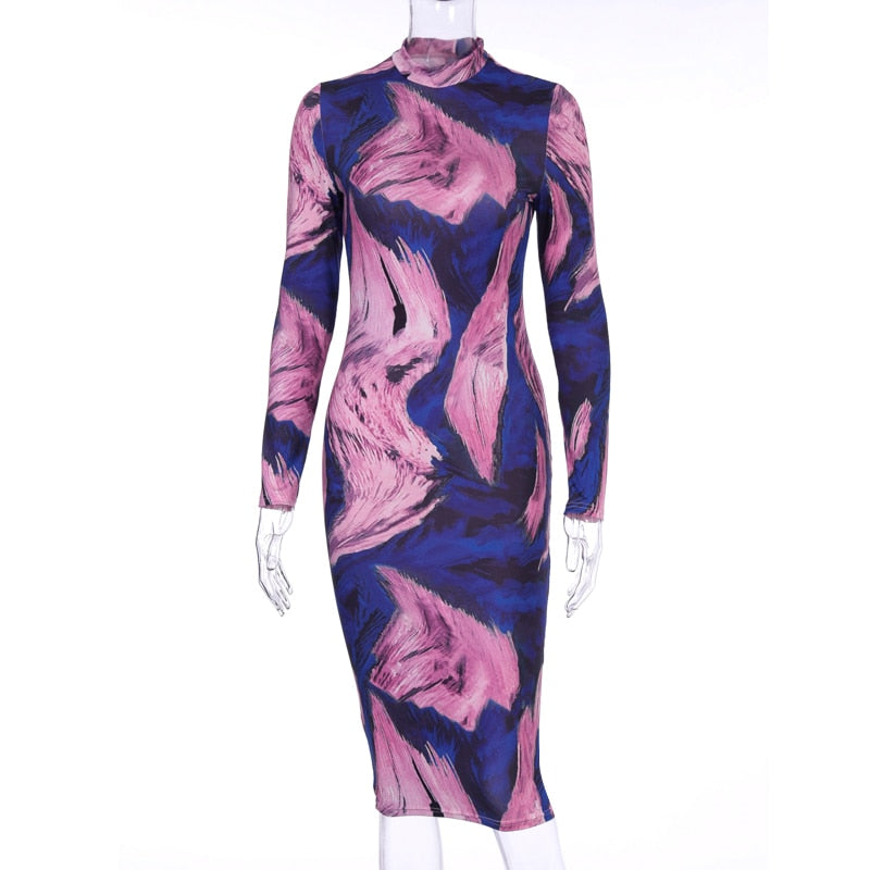 Abstract Feather Print Mock Neck Long Sleeve Bodycon Midi Dress 6
