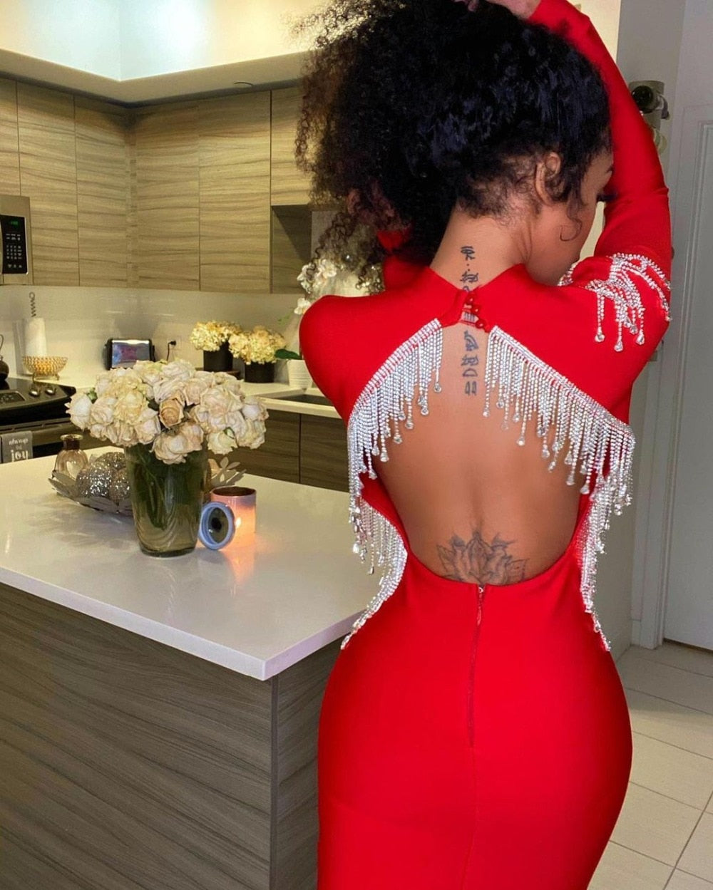 Mock Neck Long Sleeve Backless Rhinestone Fringe Bandage Mini Dress