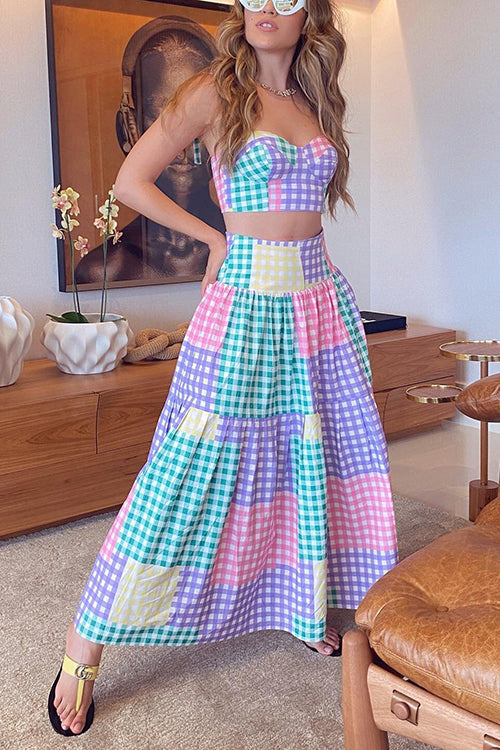 Plaid Color Block Tie Shoulder Maxi Skirt Set