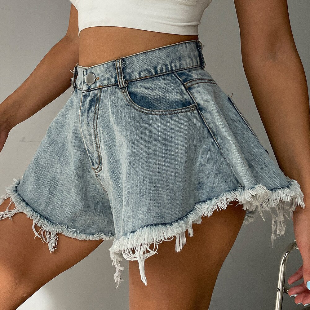 Detail And Tassel Shorts With Holes Sizes Denim High - Waist S-XXL