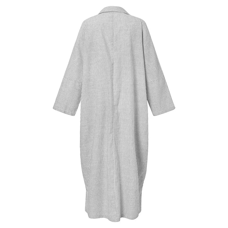 Vertical Stripe V-Neck Collar Button Down High Split Shirt Maxi Dress