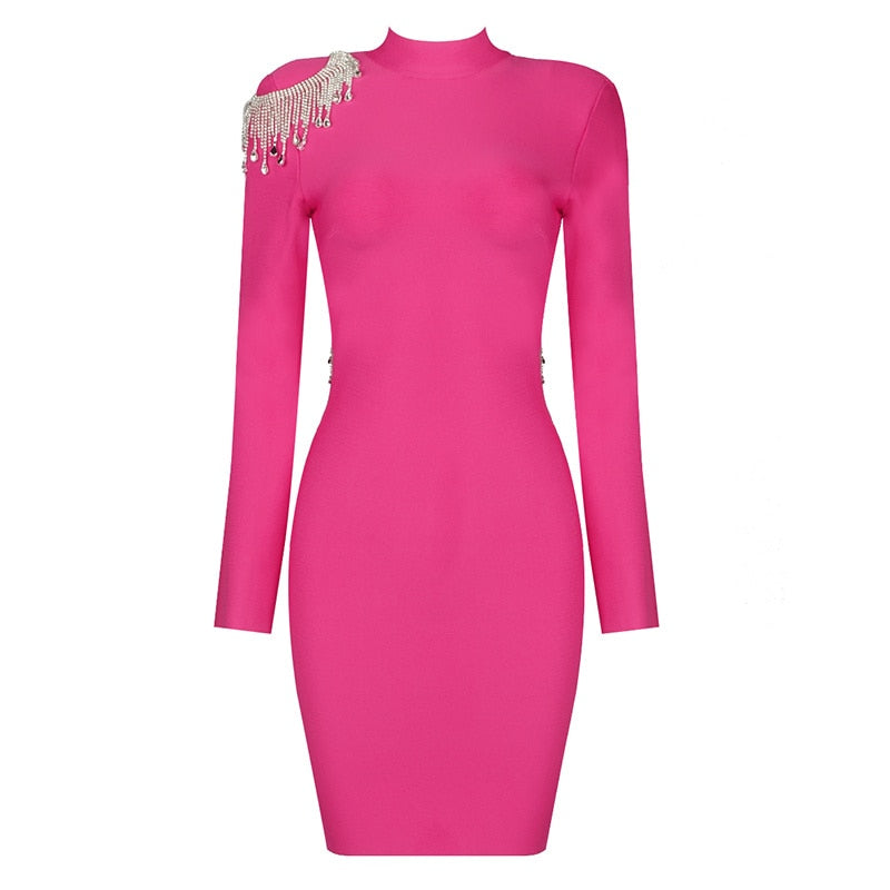 Mock Neck Long Sleeve Backless Rhinestone Fringe Bandage Mini Dress