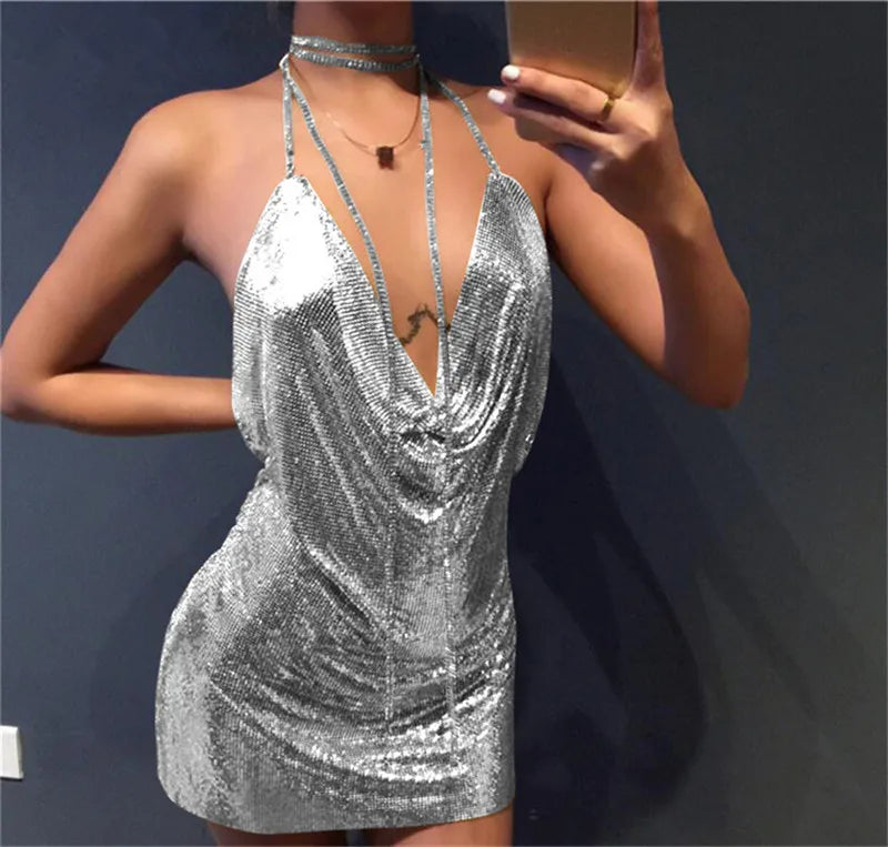 Sequin Halter Neck Cowl Neck Backless Bodycon Mini Dress