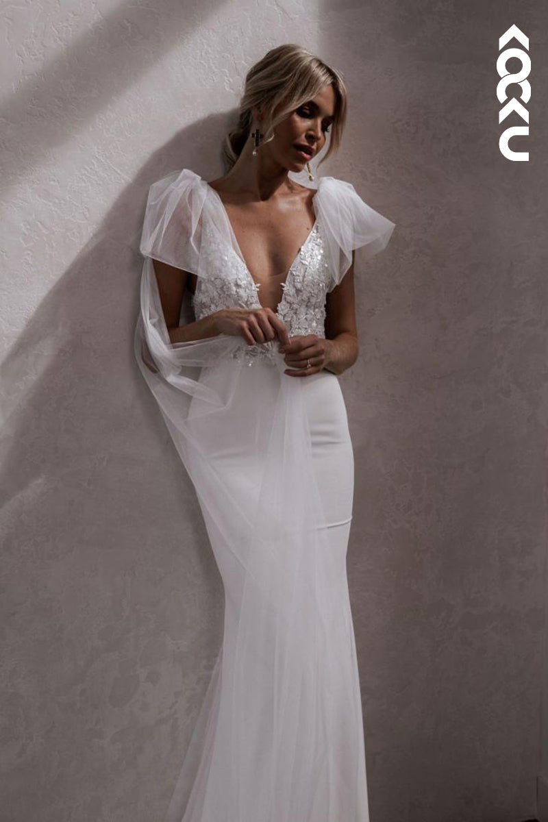K1899 - Elegant & Luxurious Deep V-Neck Sleeveless Sheath Wedding Dress With Applique