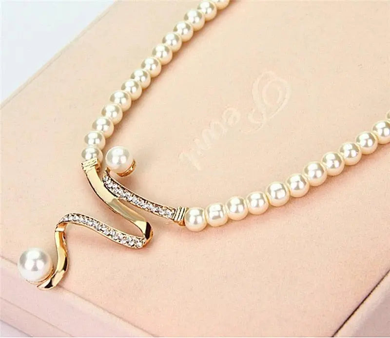 Faux Pearl Rhinestone Swirl Necklace and Earrings Jewelry Set
