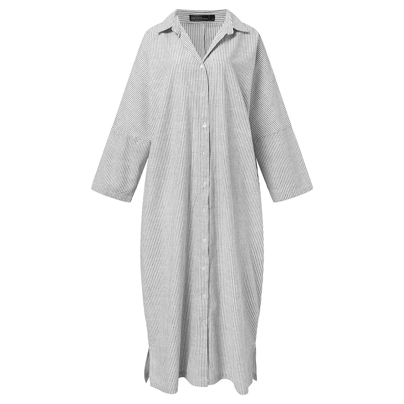 Vertical Stripe V-Neck Collar Button Down High Split Shirt Maxi Dress