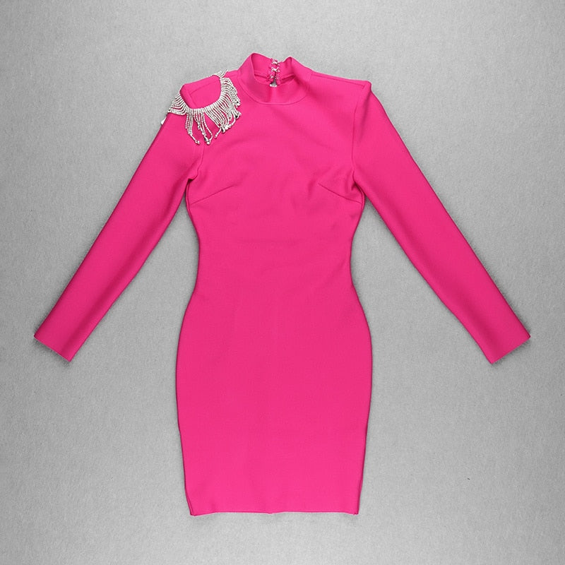 Mock Neck Long Sleeve Backless Rhinestone Fringe Bandage Mini Dress
