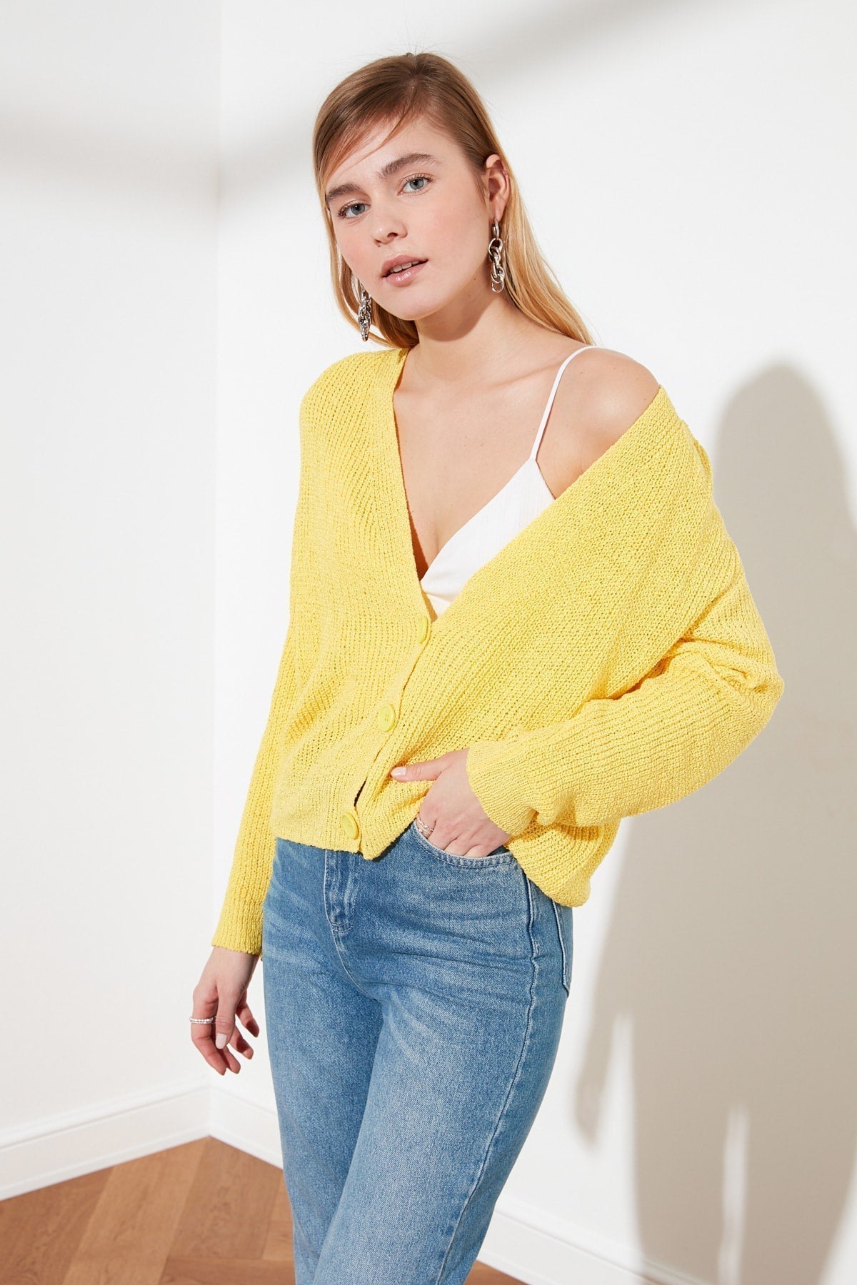 V-Neck Button Front Long Sleeve Open Knit Cropped Cardigan 17