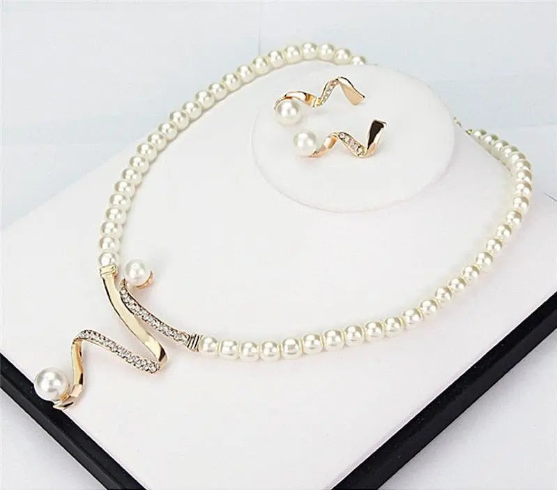 Faux Pearl Rhinestone Swirl Necklace and Earrings Jewelry Set