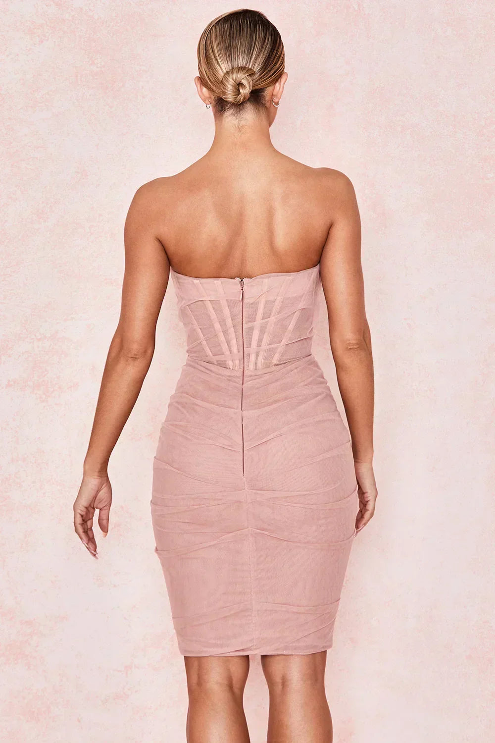 Mesh Strapless Corset Ruched Bodycon Mini Dress