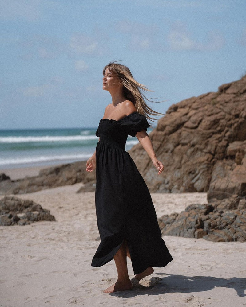Summer Dresses For Women Square Neck Smocked Short Puff Sleeve Vacation Beach Style