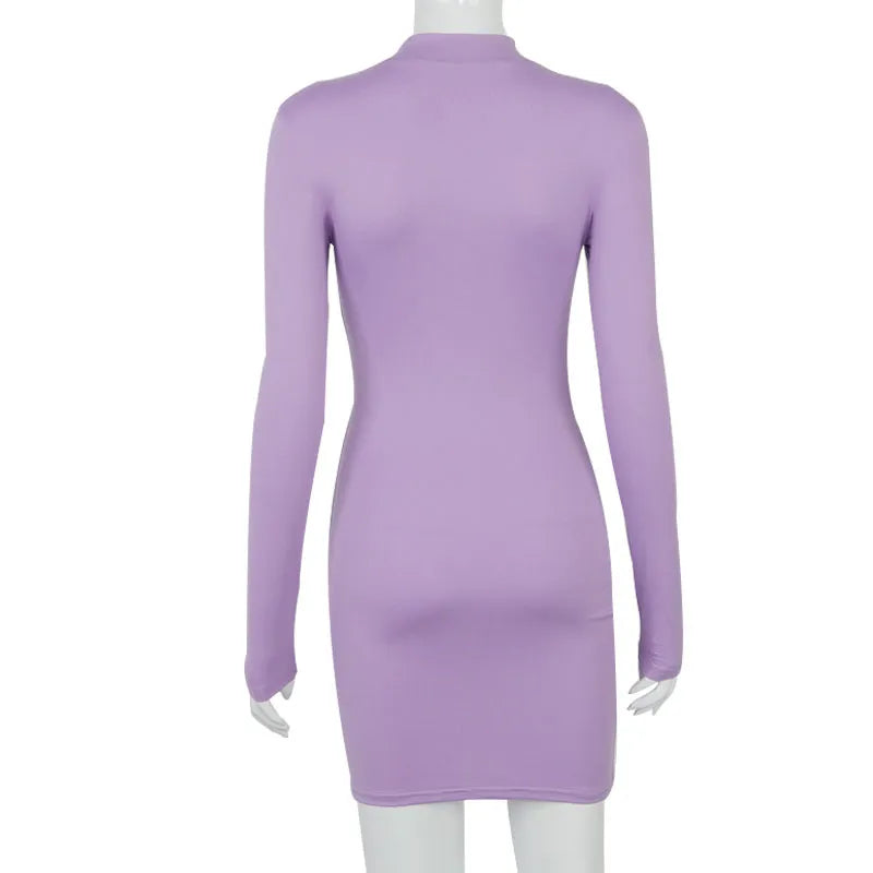 Mock Neck Long Sleeve Ruched Drawstring Side Bodycon Mini Dress