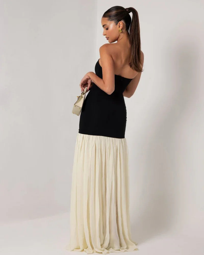 Sexy off-the-Shoulder Slim Fit Black and White Patchwork Pleated Skirt