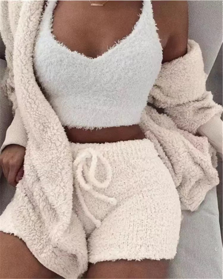 Fluffy Knit V-Neck Crop Cami Drawstring Shorts and Cardigan Three Piece Lounge Set 9