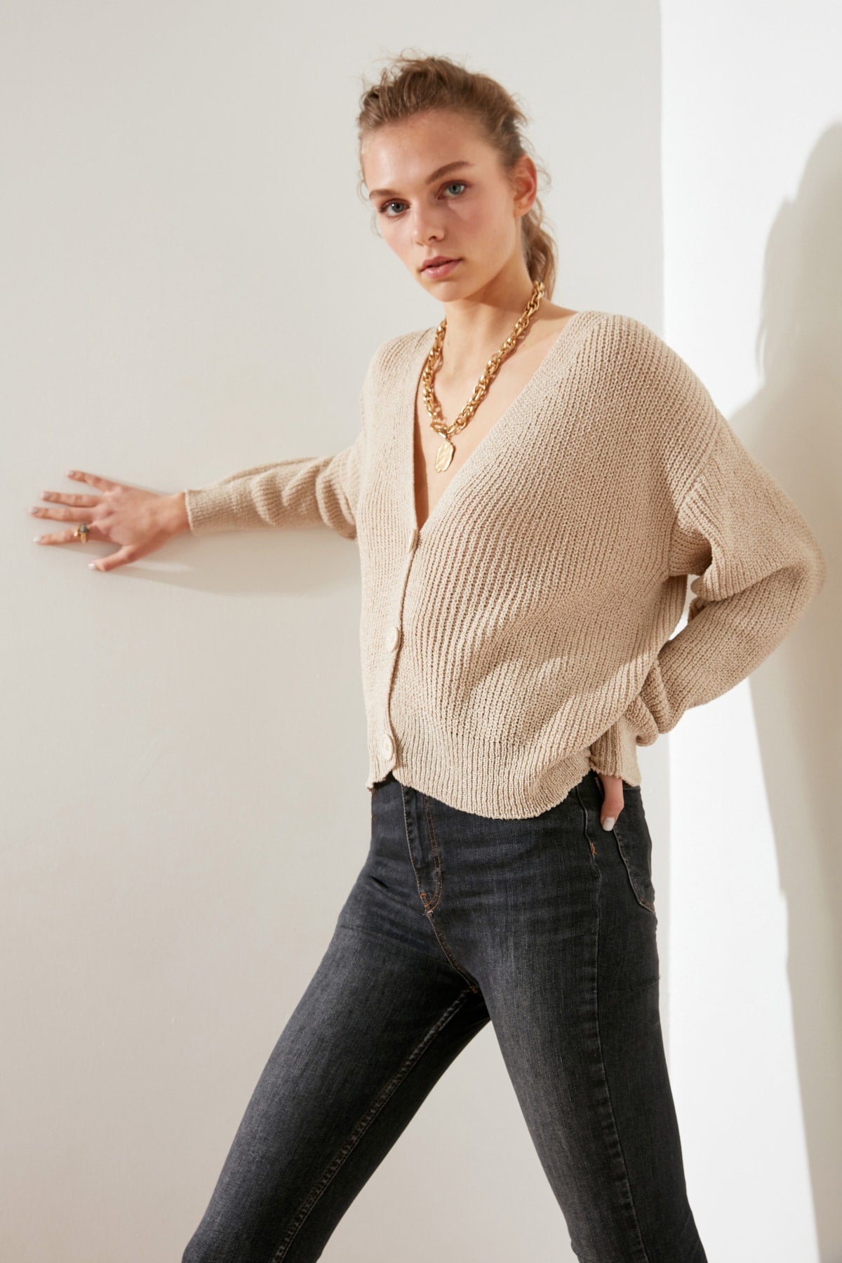 V-Neck Button Front Long Sleeve Open Knit Cropped Cardigan 25