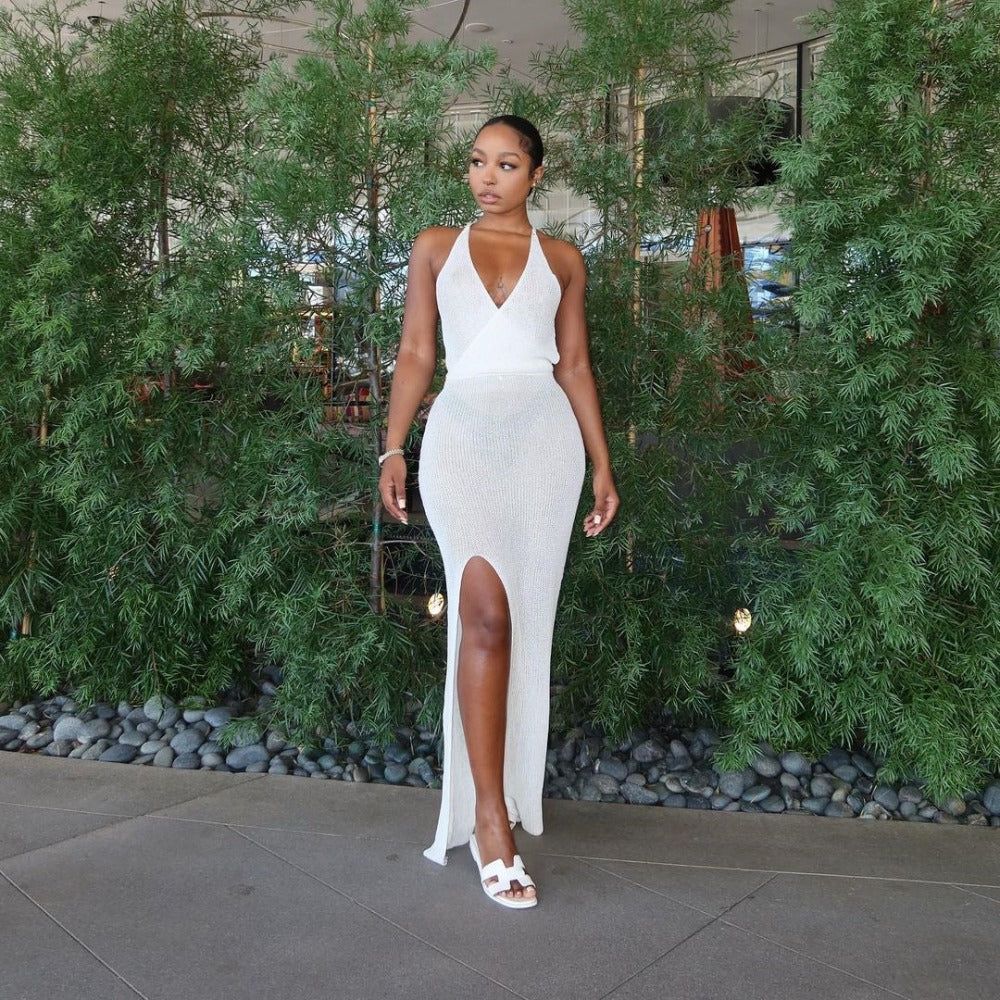 Open Knit Crochet One Shoulder Sash Cut Out High Split Midi Dress