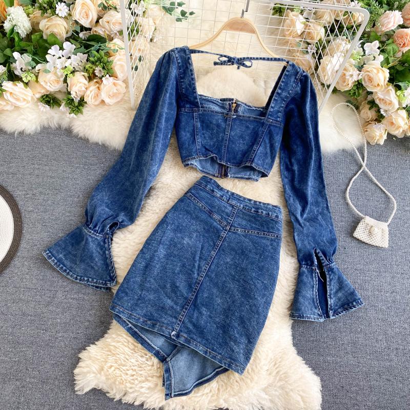 KittenAlarm - Trends high quality Spring Autumn Two Piece Set Women Sexy Jeans 2 Two Piece Set Long Sleeve Crop Tops And Bodycon Short Denim Skirt Suits for Woman