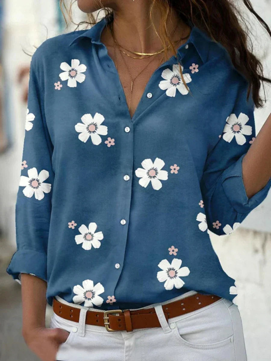 Daisy Floral Print Collared Long Sleeve Button Up Shirt