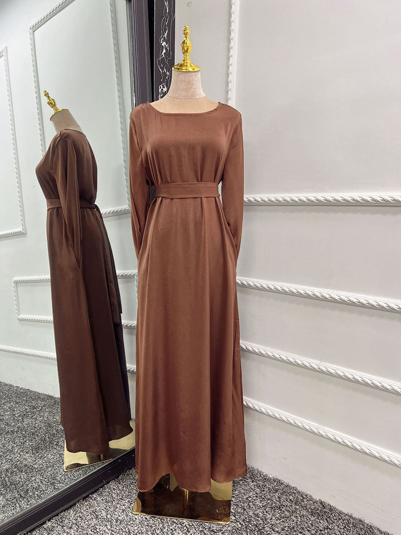 Satin Crew Neck Bell Sleeve Sash Tie A-Line Maxi Gown