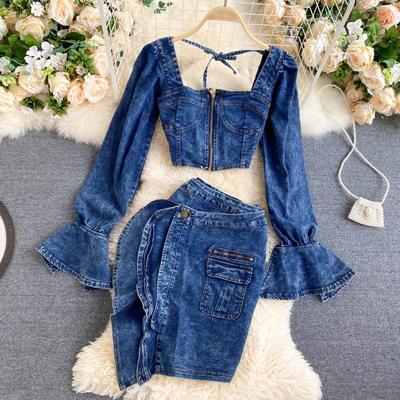 KittenAlarm - Trends high quality Spring Autumn Two Piece Set Women Sexy Jeans 2 Two Piece Set Long Sleeve Crop Tops And Bodycon Short Denim Skirt Suits for Woman