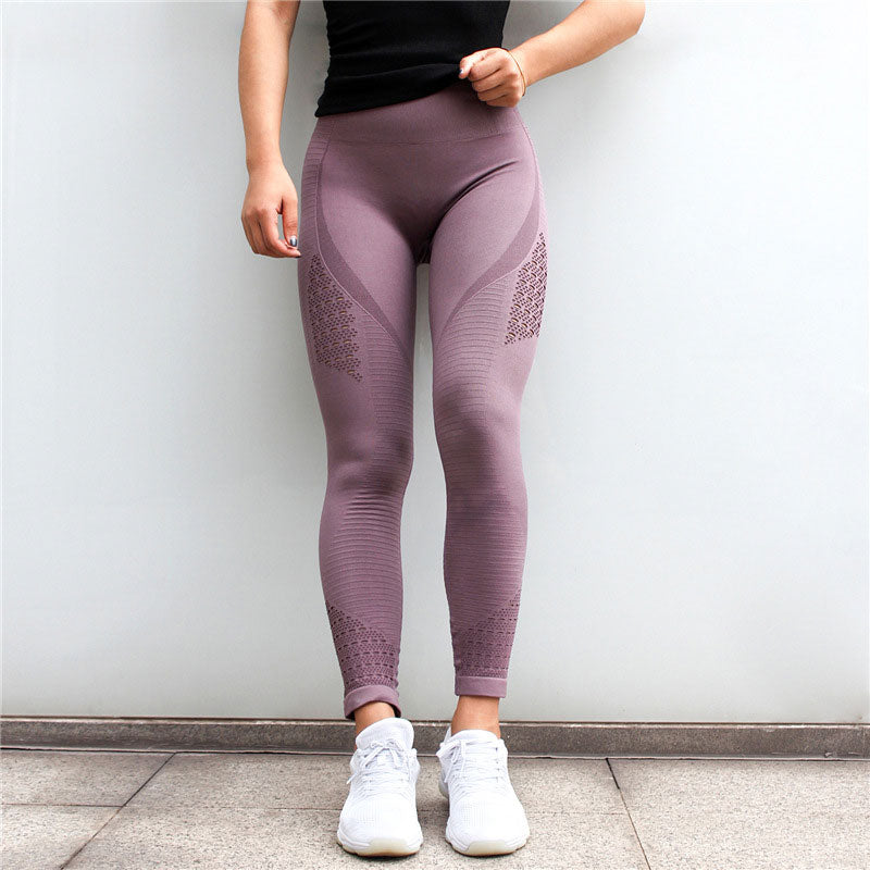 Mojoyce Hollow Yoga Leggings For Women Sports Leggings Seamless Fitness Yoga Pants High Waist Push Up Workout Running Solid Tights Pants