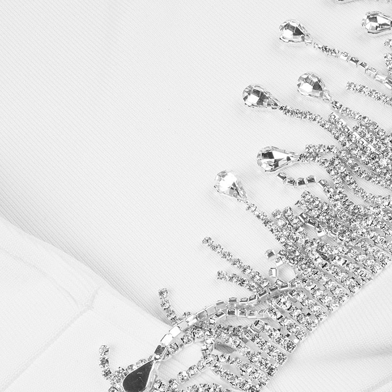 Mock Neck Long Sleeve Backless Rhinestone Fringe Bandage Mini Dress