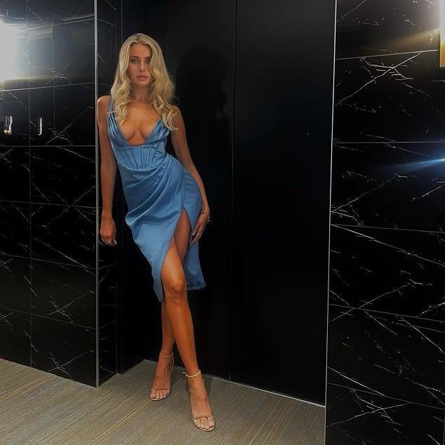 Satin Deep V-Neck Corset Ruched Wrap High Split Midi Dress