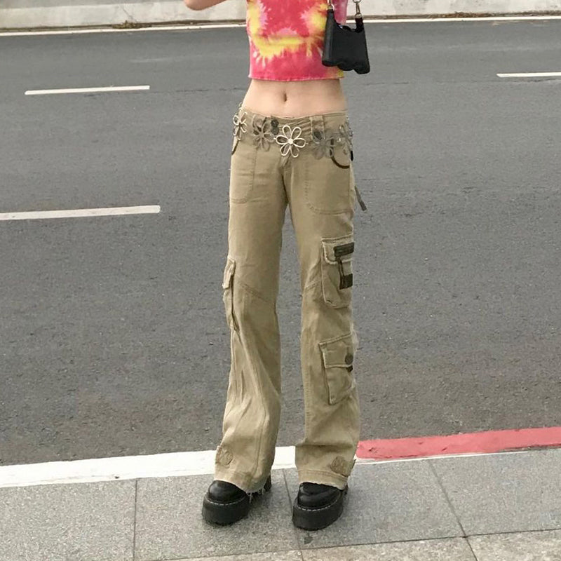 Mojoyce Retro Grunge Cargo Denim Jeans Streetwear Korean Vintage 90s Low Waist Trousers Aesthetic 90s Straight Pants Cuteandpsycho