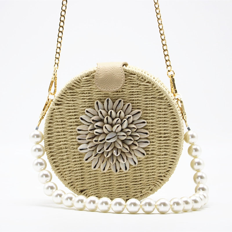 Round Shell Pearl Woven Straw Bag