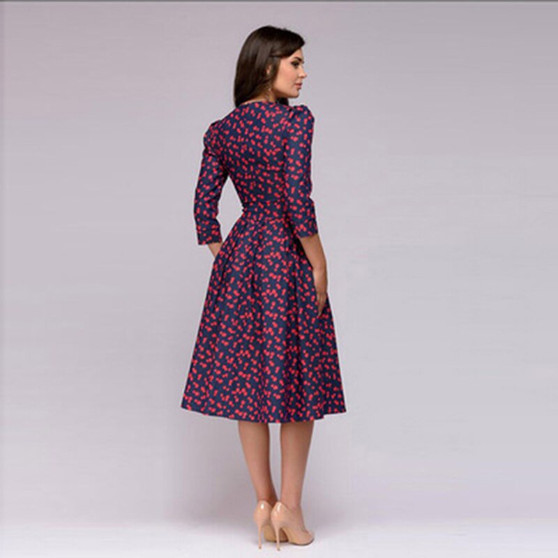 Floral Print Round Neck Three Quarter Sleeve Pocket Fit and Flare Tea Midi Dress