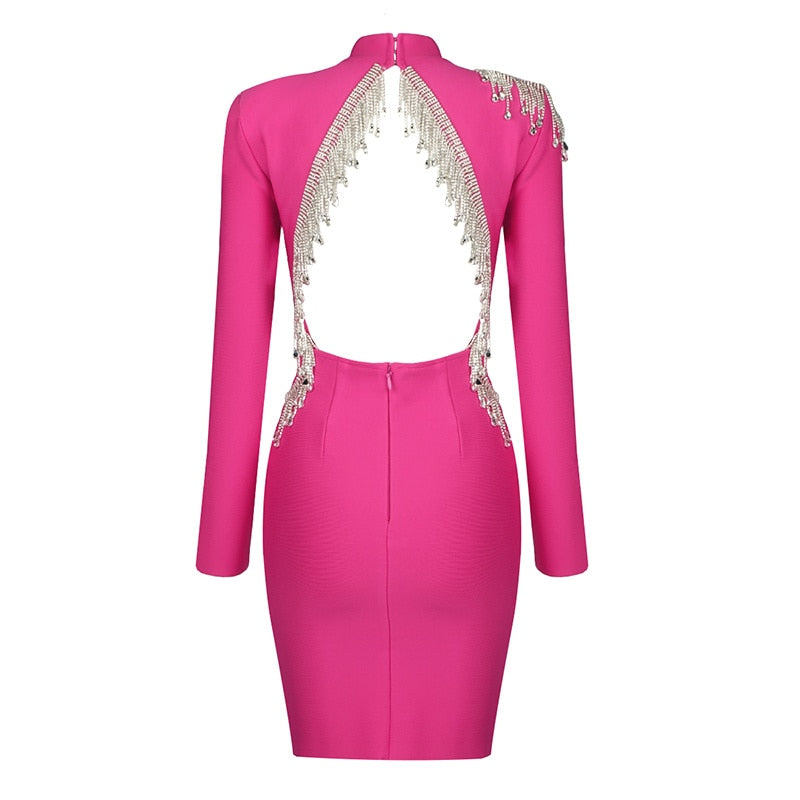 Mock Neck Long Sleeve Backless Rhinestone Fringe Bandage Mini Dress
