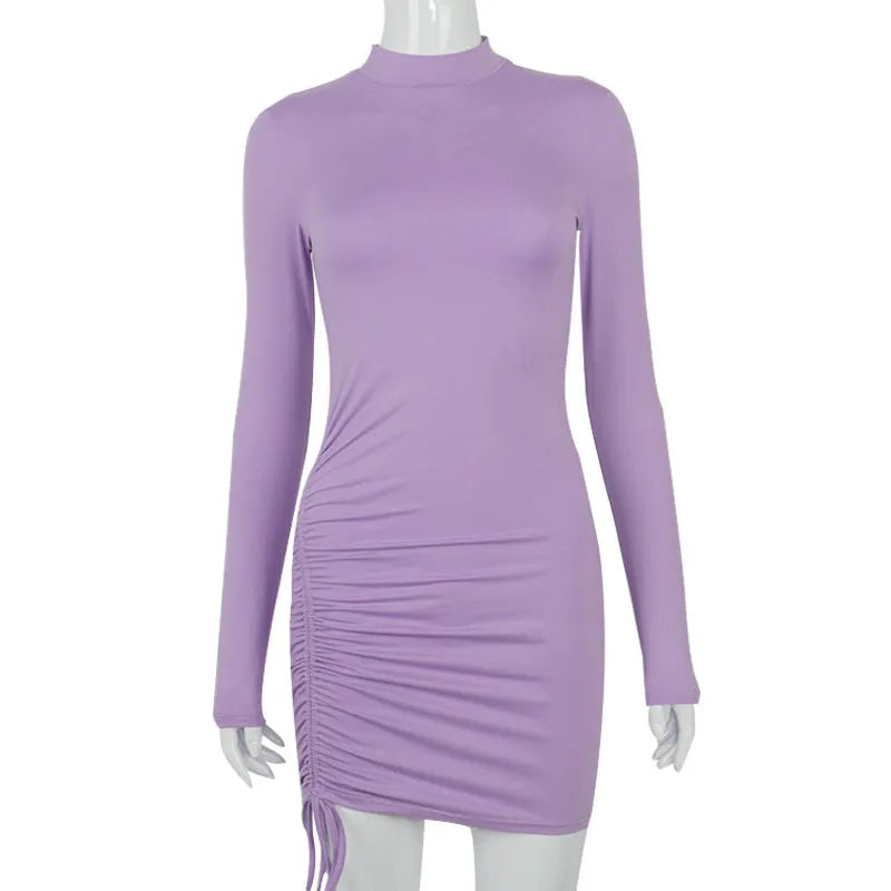 Mock Neck Long Sleeve Ruched Drawstring Side Bodycon Mini Dress