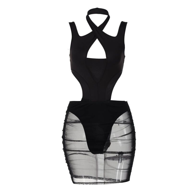 Halter Neck Mesh Cut Out Mini Dress